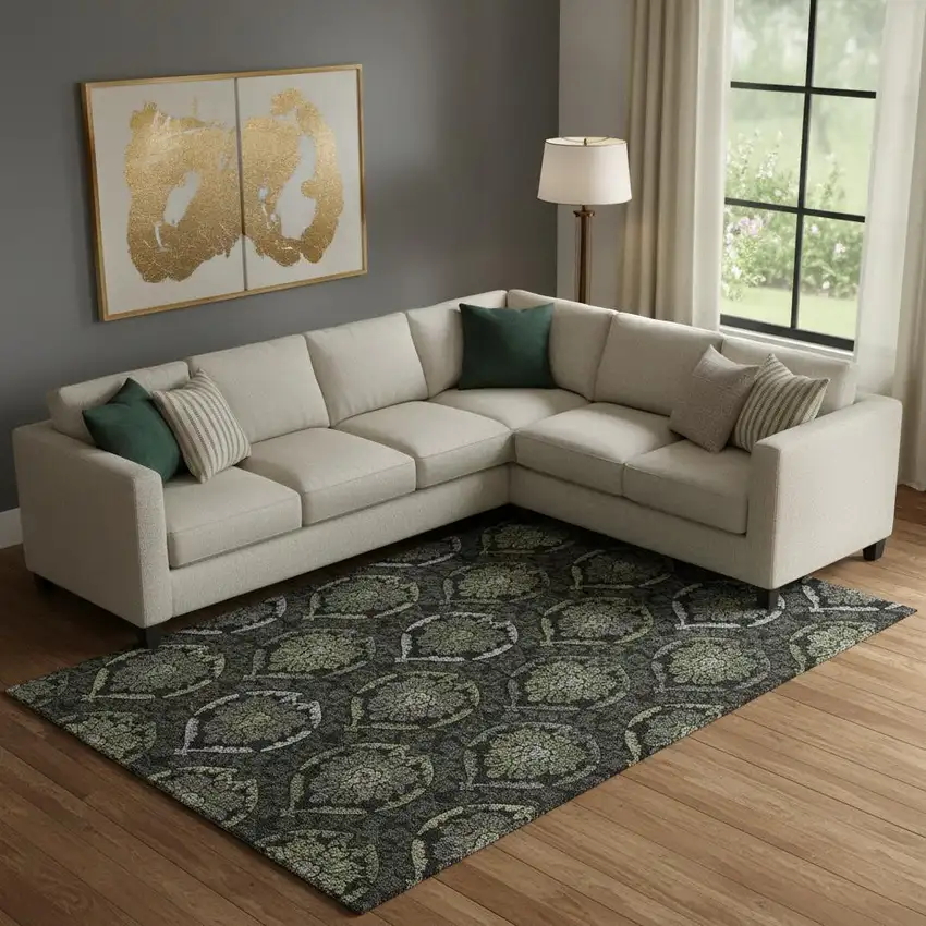 Green And Charcoal Medallion Washable Area Rug With UV Protection Photo 1