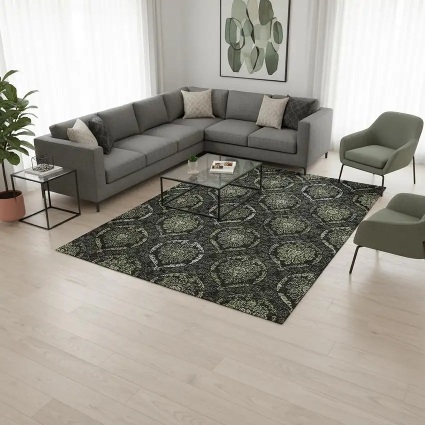 Green And Charcoal Medallion Washable Area Rug With UV Protection Photo 2