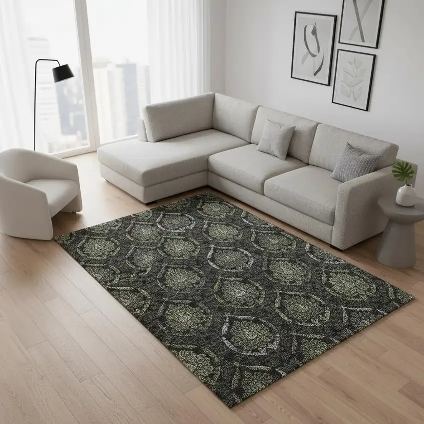Green And Charcoal Medallion Washable Area Rug With UV Protection Photo 2