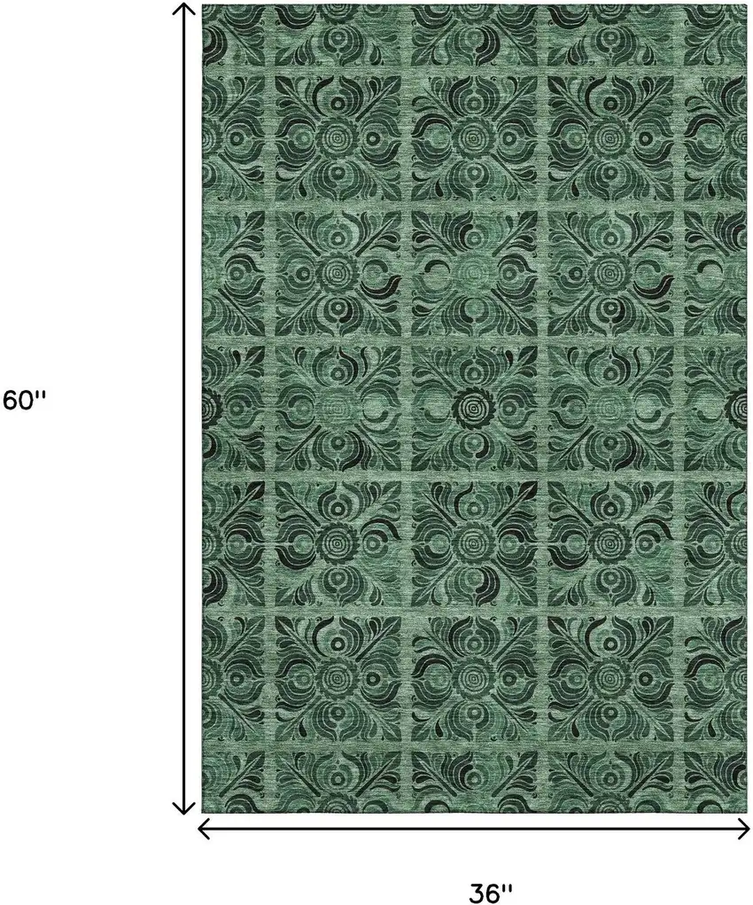 Green And Charcoal Medallion Washable Area Rug With UV Protection Photo 3