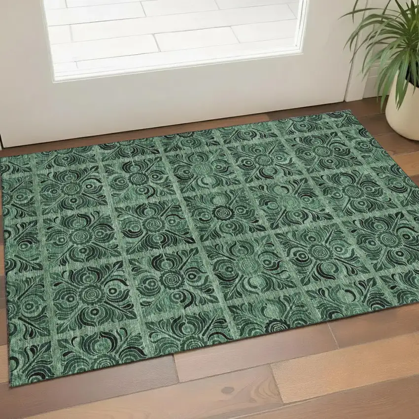 Green And Charcoal Medallion Washable Area Rug With UV Protection Photo 1