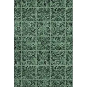 Photo of Green And Charcoal Medallion Washable Area Rug With UV Protection