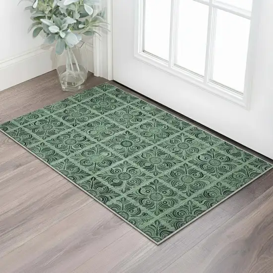 Green And Charcoal Medallion Washable Area Rug With UV Protection Photo 2