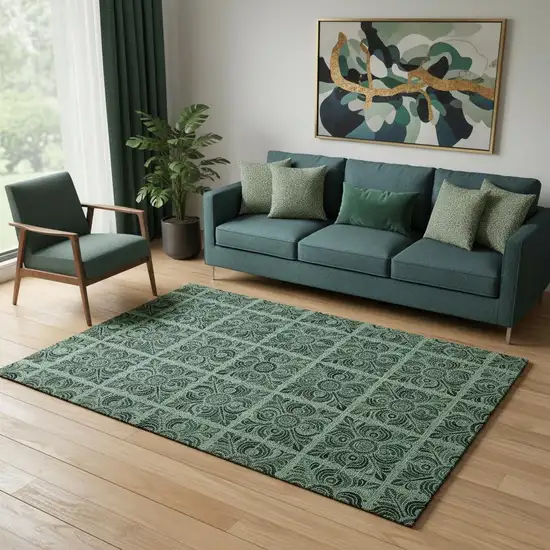 Green And Charcoal Medallion Washable Area Rug With UV Protection Photo 1