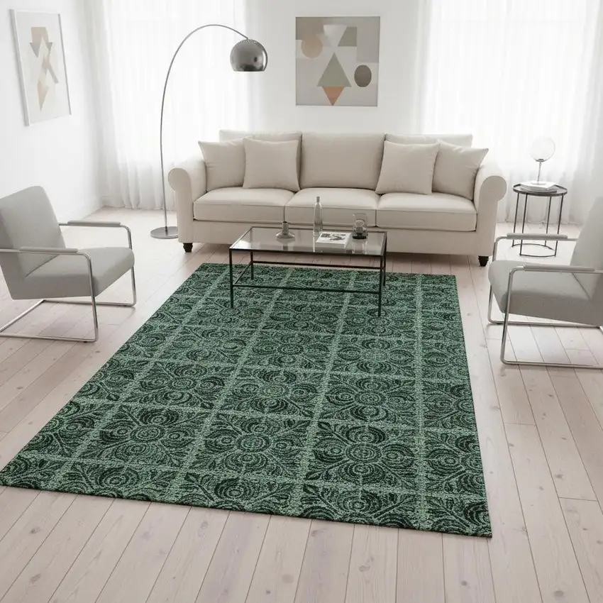 Green And Charcoal Medallion Washable Area Rug With UV Protection Photo 2