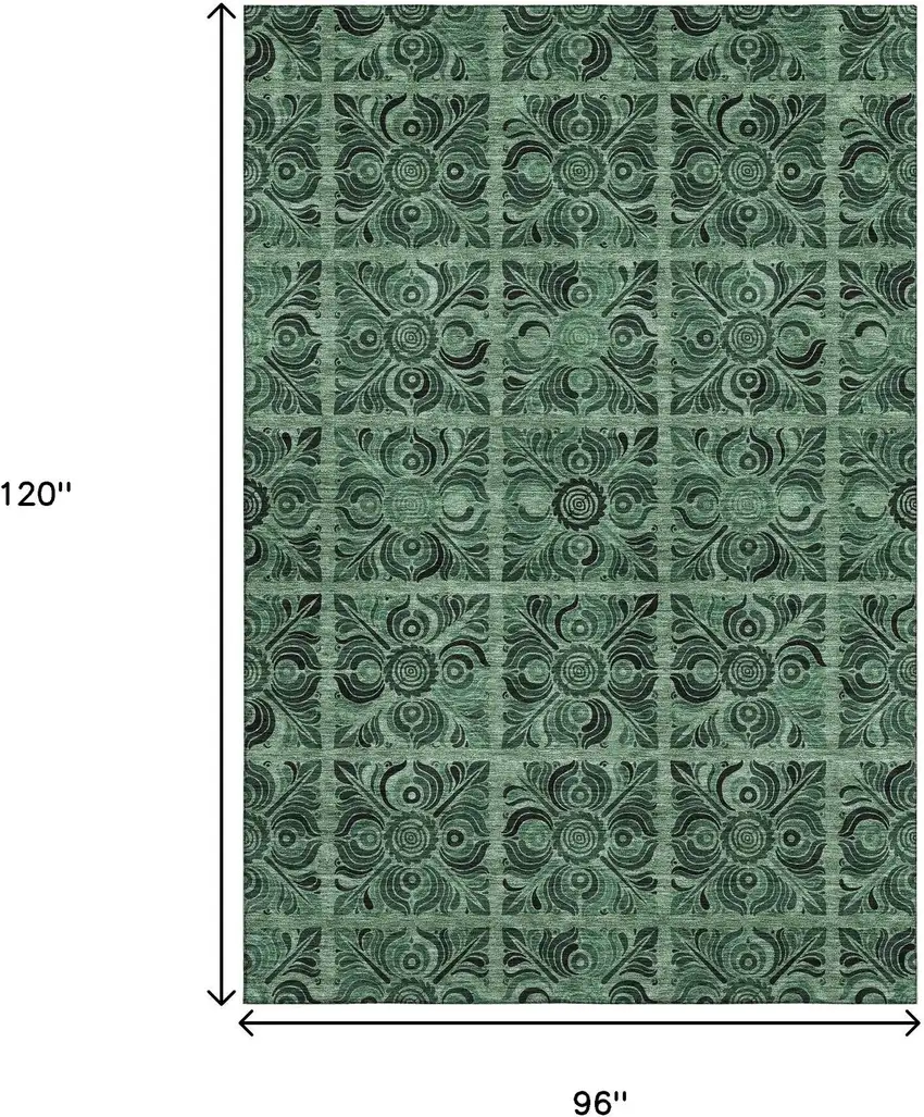 Green And Charcoal Medallion Washable Area Rug With UV Protection Photo 3