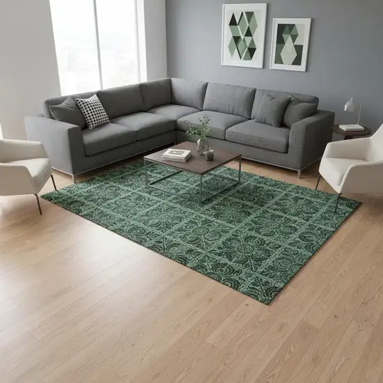 Green And Charcoal Medallion Washable Area Rug With UV Protection Photo 2