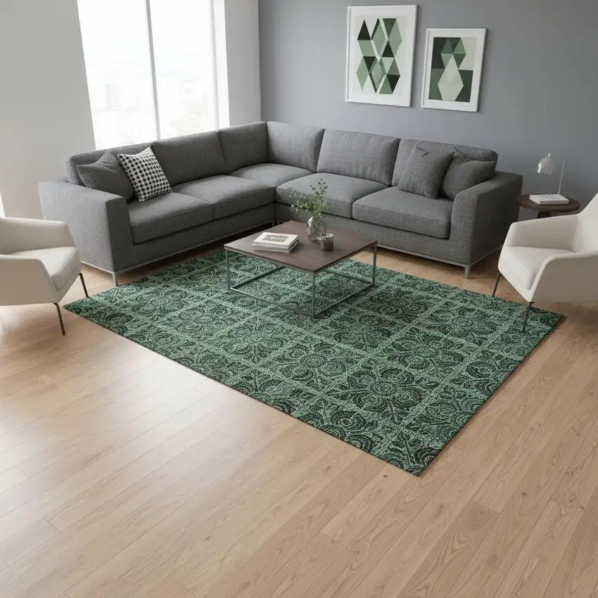 Green And Charcoal Medallion Washable Area Rug With UV Protection Photo 2