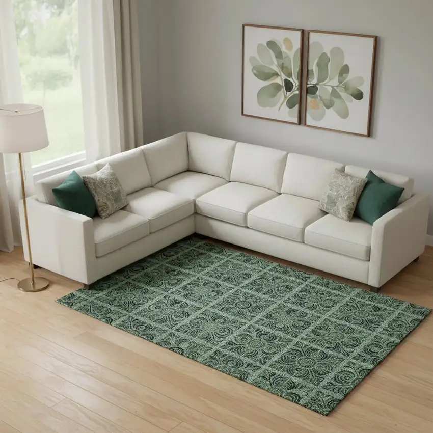 Green And Charcoal Medallion Washable Area Rug With UV Protection Photo 1