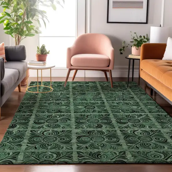 Green And Charcoal Medallion Washable Area Rug With UV Protection Photo 5