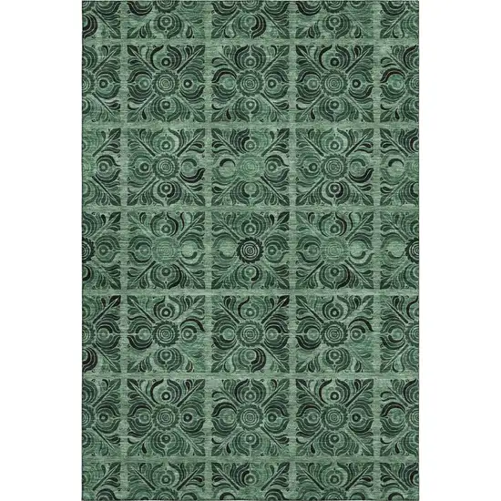 Green And Charcoal Medallion Washable Area Rug With UV Protection Photo 1