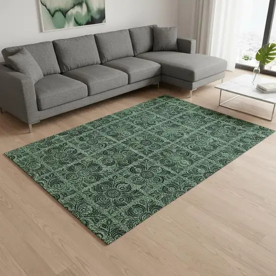 Green And Charcoal Medallion Washable Area Rug With UV Protection Photo 2