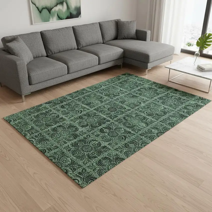 Green And Charcoal Medallion Washable Area Rug With UV Protection Photo 2