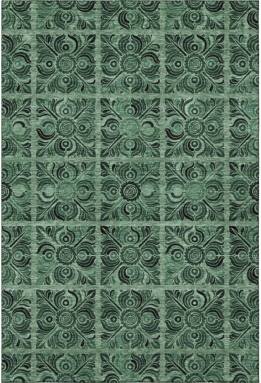 Green And Charcoal Medallion Washable Area Rug With UV Protection Photo 4