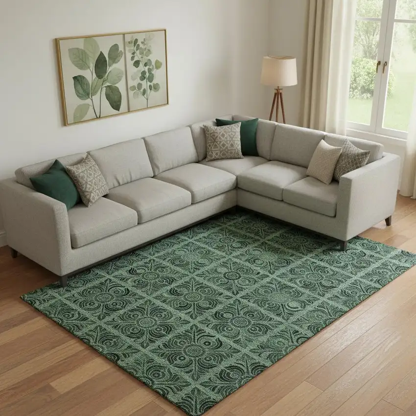 Green And Charcoal Medallion Washable Area Rug With UV Protection Photo 1