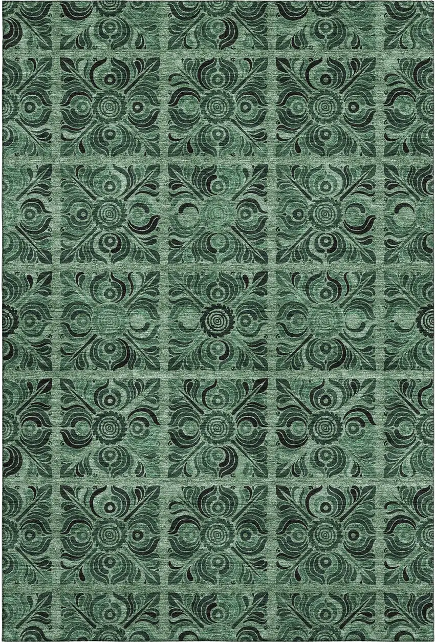 Green And Charcoal Medallion Washable Area Rug With UV Protection Photo 1