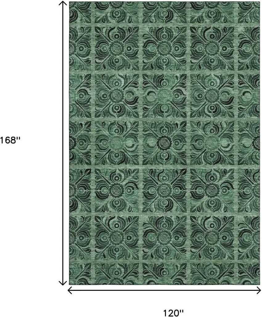 Green And Charcoal Medallion Washable Area Rug With UV Protection Photo 3