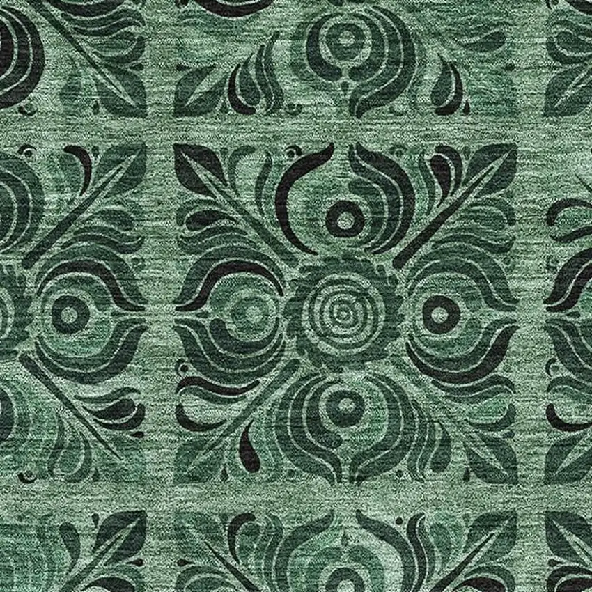 Green And Charcoal Medallion Washable Area Rug With UV Protection Photo 3