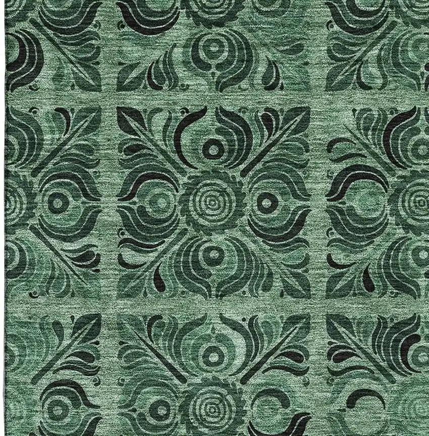 Green And Charcoal Medallion Washable Area Rug With UV Protection Photo 4