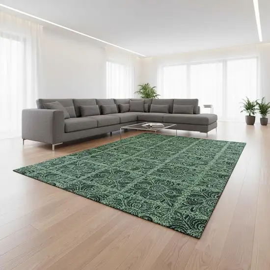 Green And Charcoal Medallion Washable Area Rug With UV Protection Photo 2