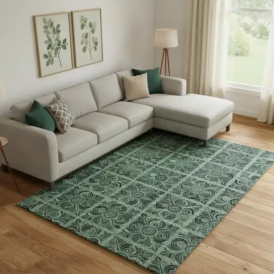 Green And Charcoal Medallion Washable Area Rug With UV Protection Photo 1