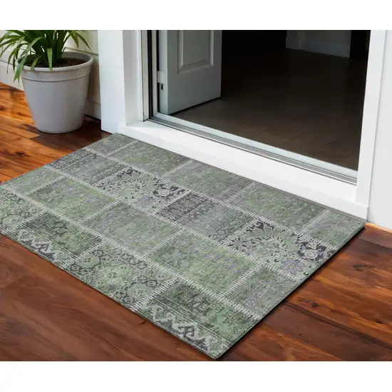 Green And Charcoal Patchwork Washable Indoor Outdoor Area Rug Photo 1