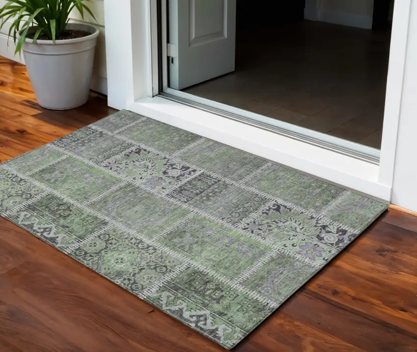 Green And Charcoal Patchwork Washable Indoor Outdoor Area Rug Photo 1