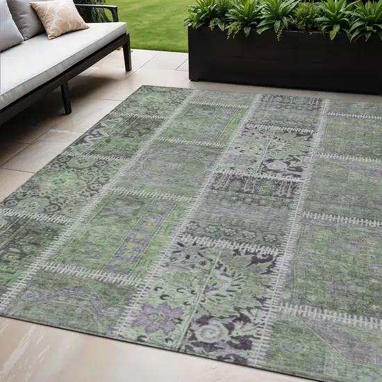 Green And Charcoal Patchwork Washable Indoor Outdoor Area Rug Photo 1