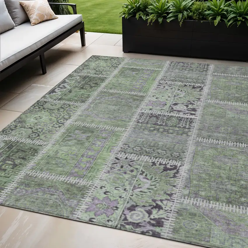 Green And Charcoal Patchwork Washable Indoor Outdoor Area Rug Photo 1