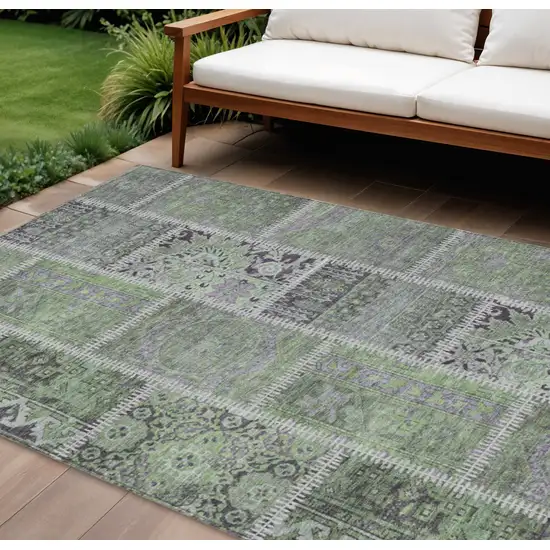 Green And Charcoal Patchwork Washable Indoor Outdoor Area Rug Photo 1