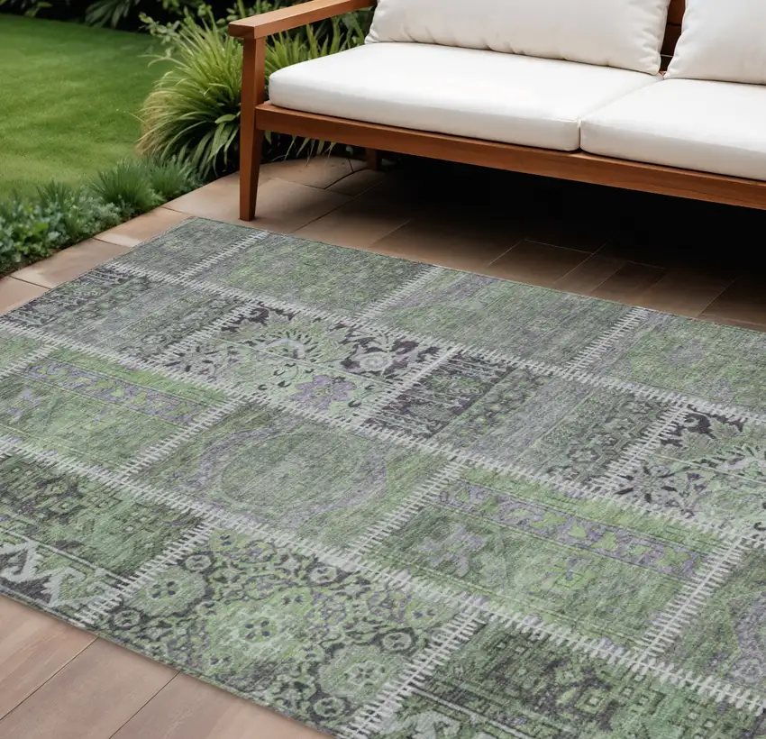 Green And Charcoal Patchwork Washable Indoor Outdoor Area Rug Photo 1