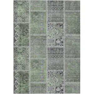Photo of Green And Charcoal Patchwork Washable Indoor Outdoor Area Rug