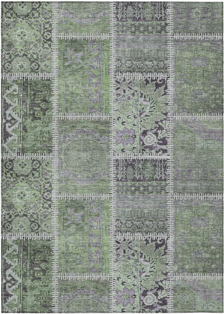 Green And Charcoal Patchwork Washable Indoor Outdoor Area Rug Photo 1