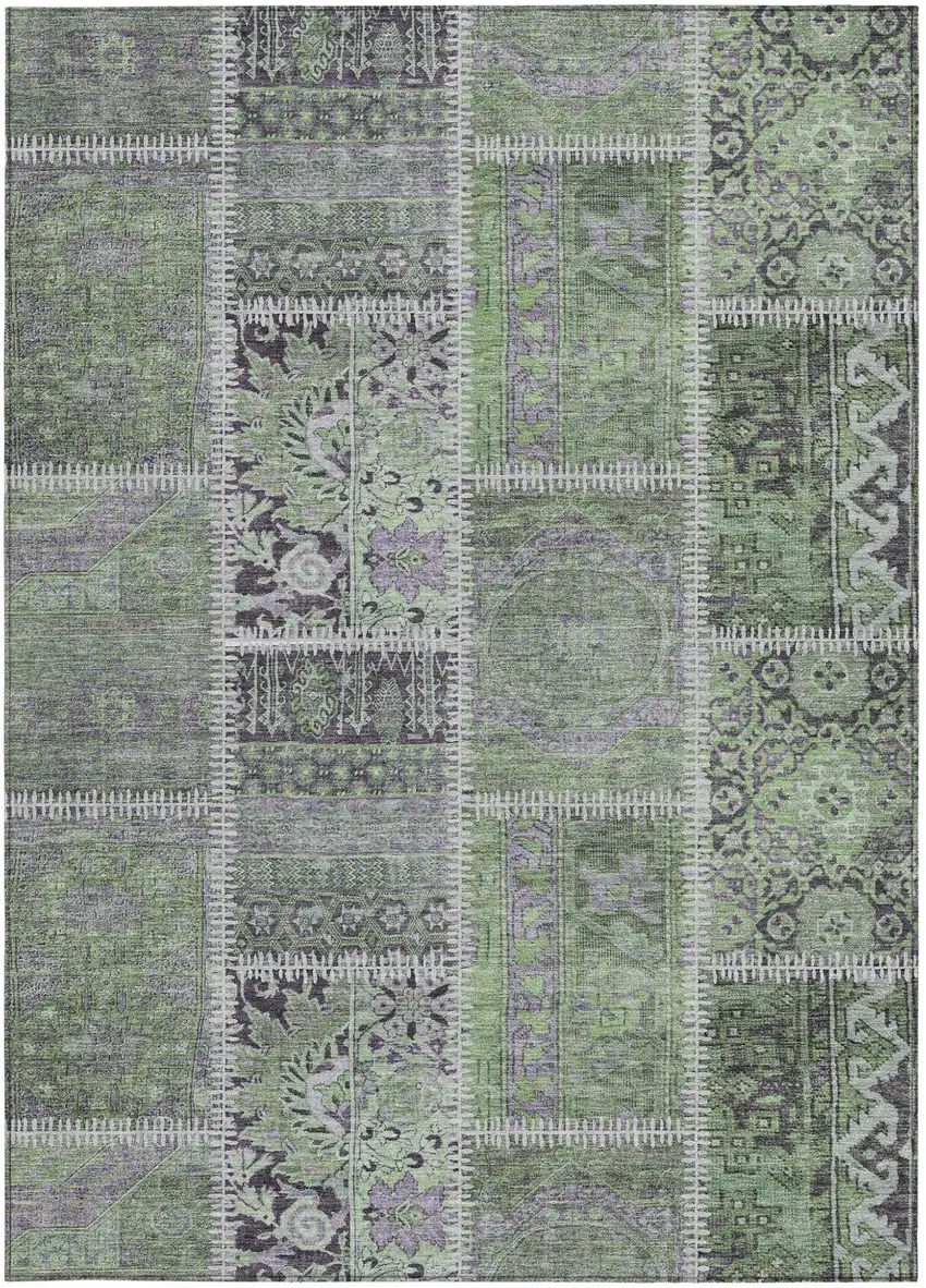 Green And Charcoal Patchwork Washable Indoor Outdoor Area Rug Photo 4