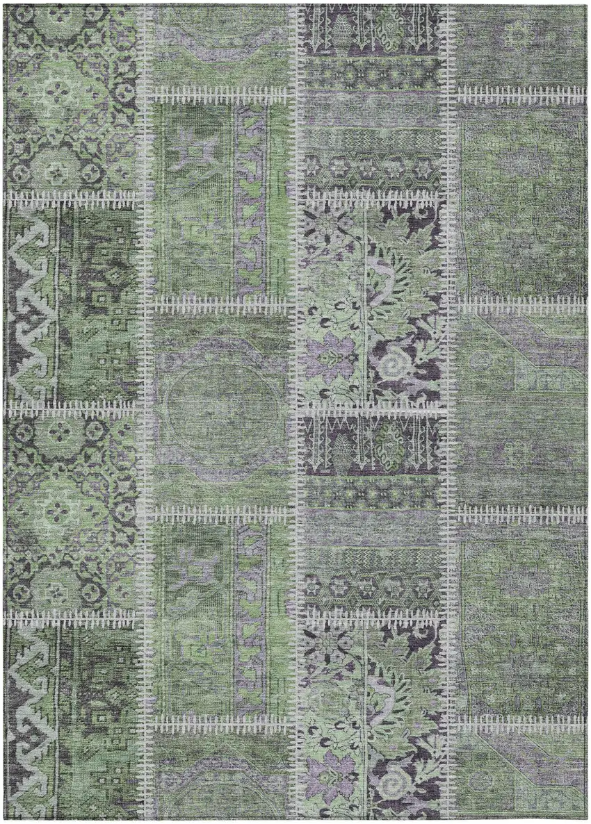 Green And Charcoal Patchwork Washable Indoor Outdoor Area Rug Photo 1