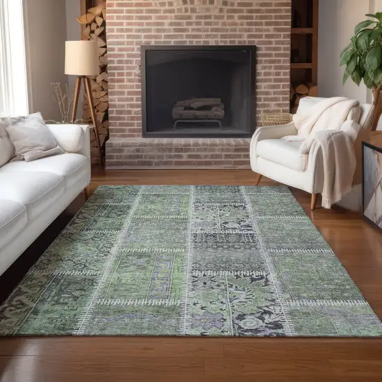 Green And Charcoal Patchwork Washable Indoor Outdoor Area Rug Photo 6
