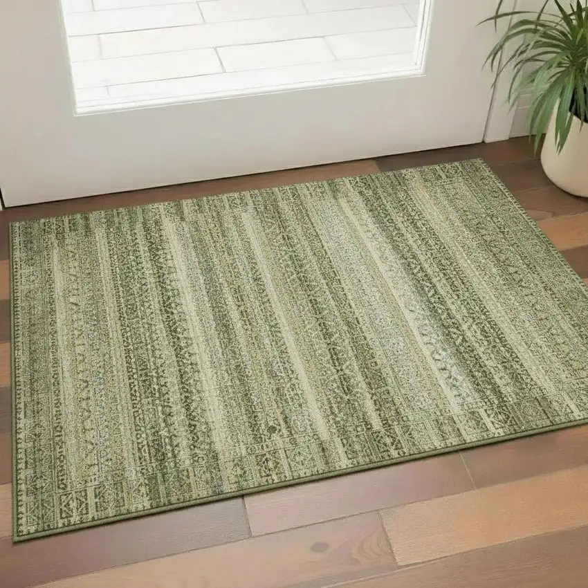 Green And Charcoal Striped Washable Area Rug With UV Protection Photo 2