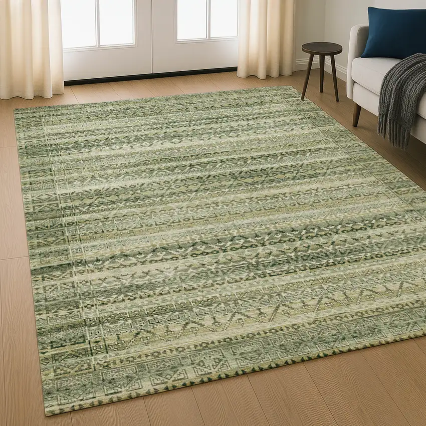 Green And Charcoal Striped Washable Area Rug With UV Protection Photo 4