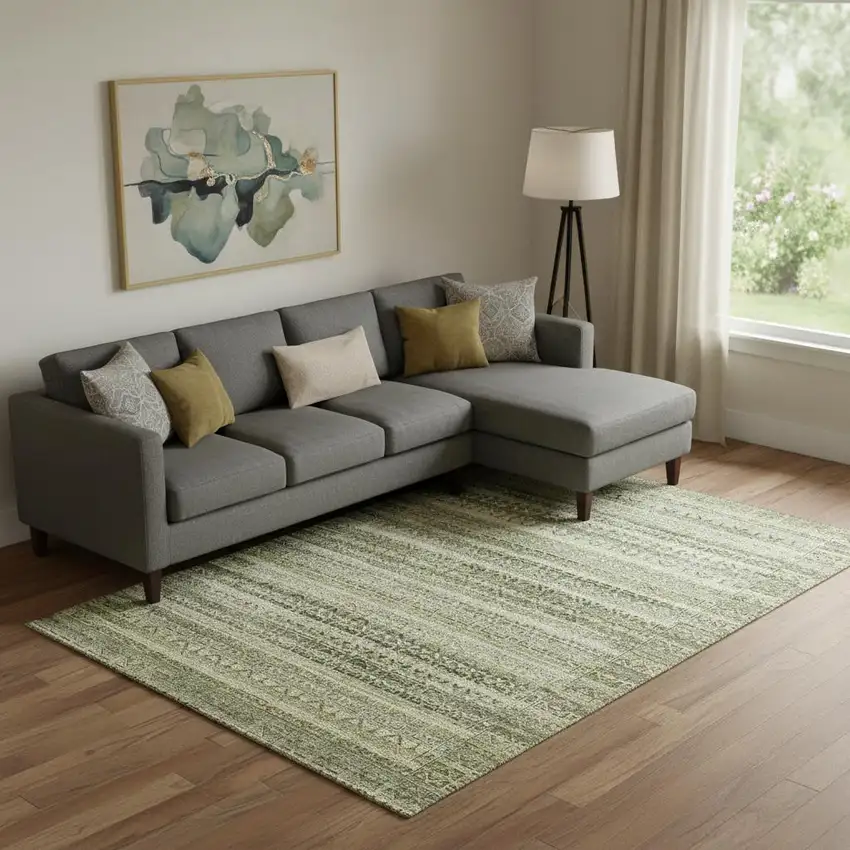 Green And Charcoal Striped Washable Area Rug With UV Protection Photo 2