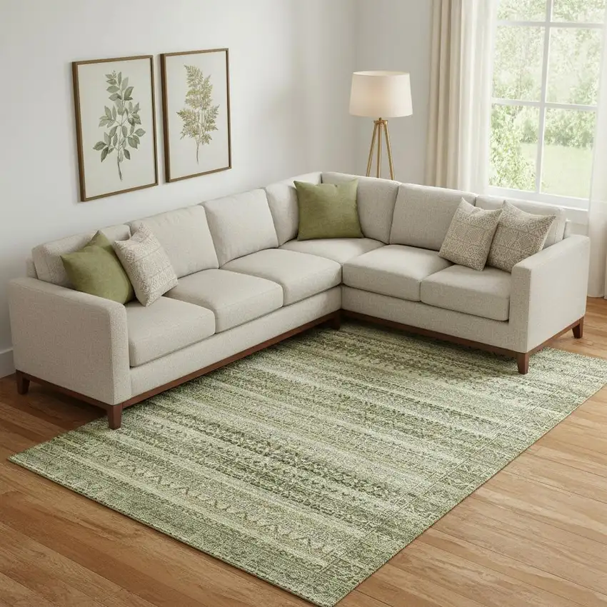 Green And Charcoal Striped Washable Area Rug With UV Protection Photo 2