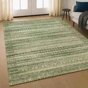 Photo of Green And Charcoal Striped Washable Area Rug With UV Protection