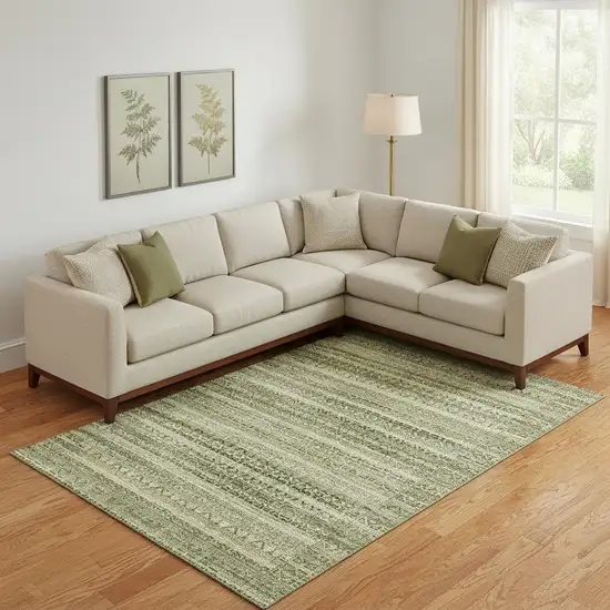 Green And Charcoal Striped Washable Area Rug With UV Protection Photo 2