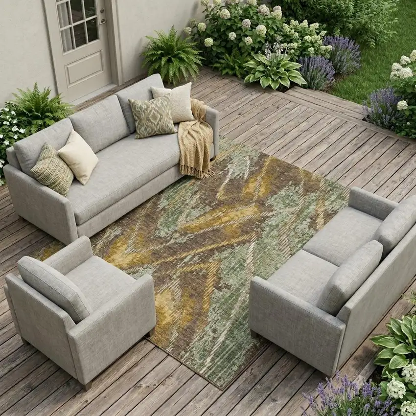 Green And Chocolate Abstract Washable Indoor Outdoor Area Rug Photo 1