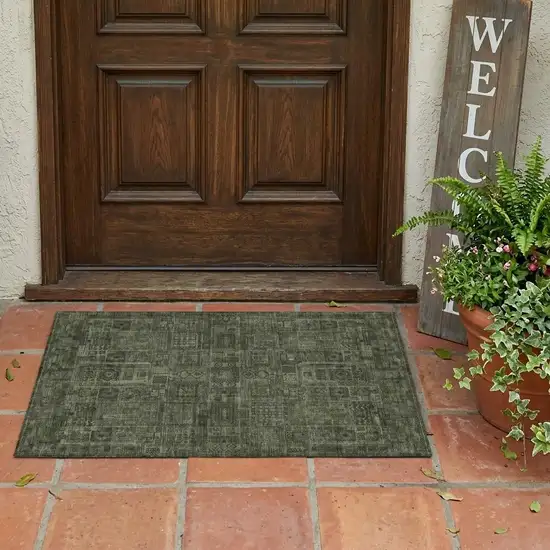 Green And Chocolate Oriental Washable Indoor Outdoor Area Rug Photo 1
