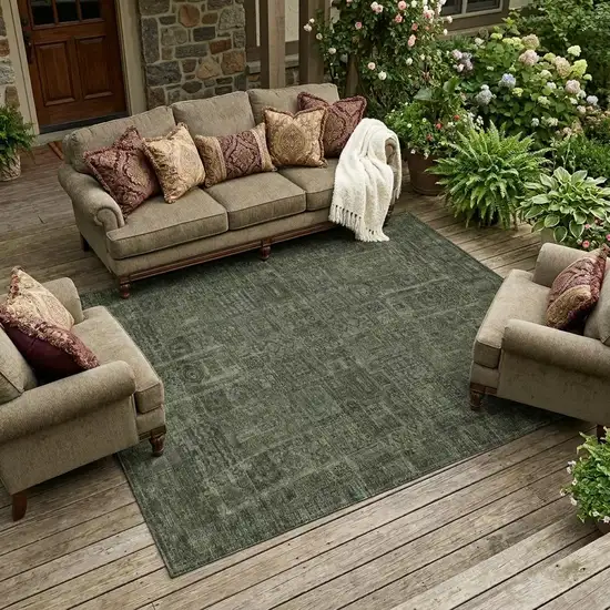 Green And Chocolate Oriental Washable Indoor Outdoor Area Rug Photo 1