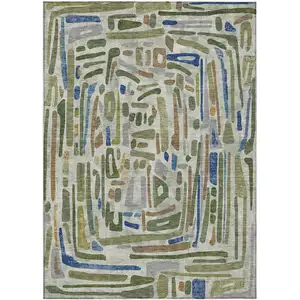 Photo of Green And Copper Abstract Washable Indoor Outdoor Area Rug