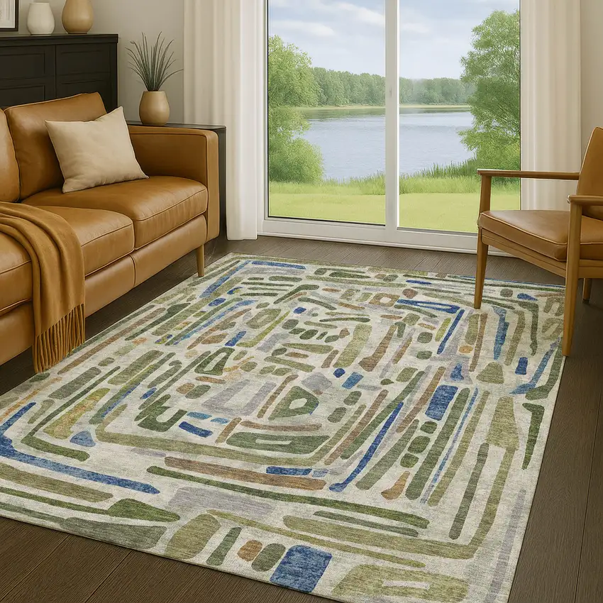 Green And Copper Abstract Washable Indoor Outdoor Area Rug Photo 5