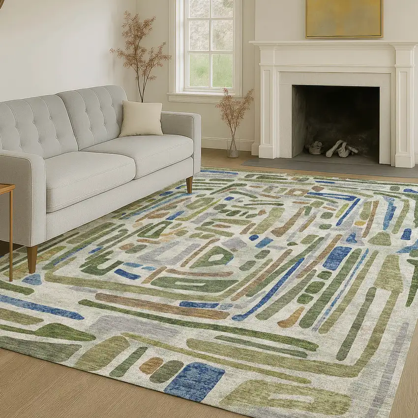 Green And Copper Abstract Washable Indoor Outdoor Area Rug Photo 6