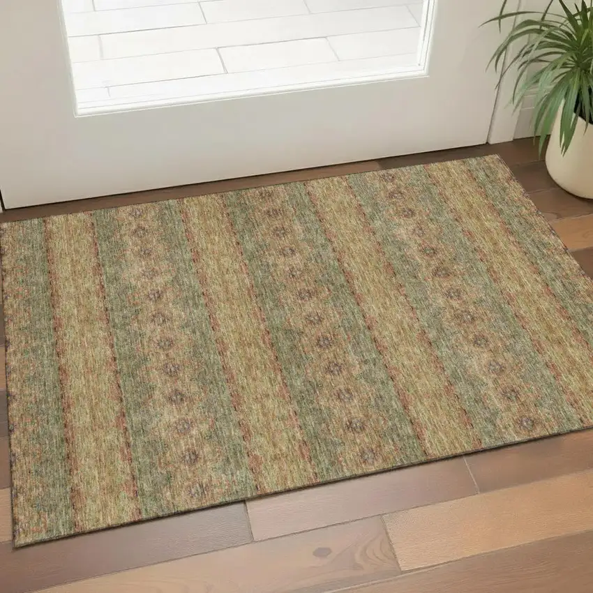 Green And Copper Floral Medallion Washable Area Rug With UV Protection Photo 1