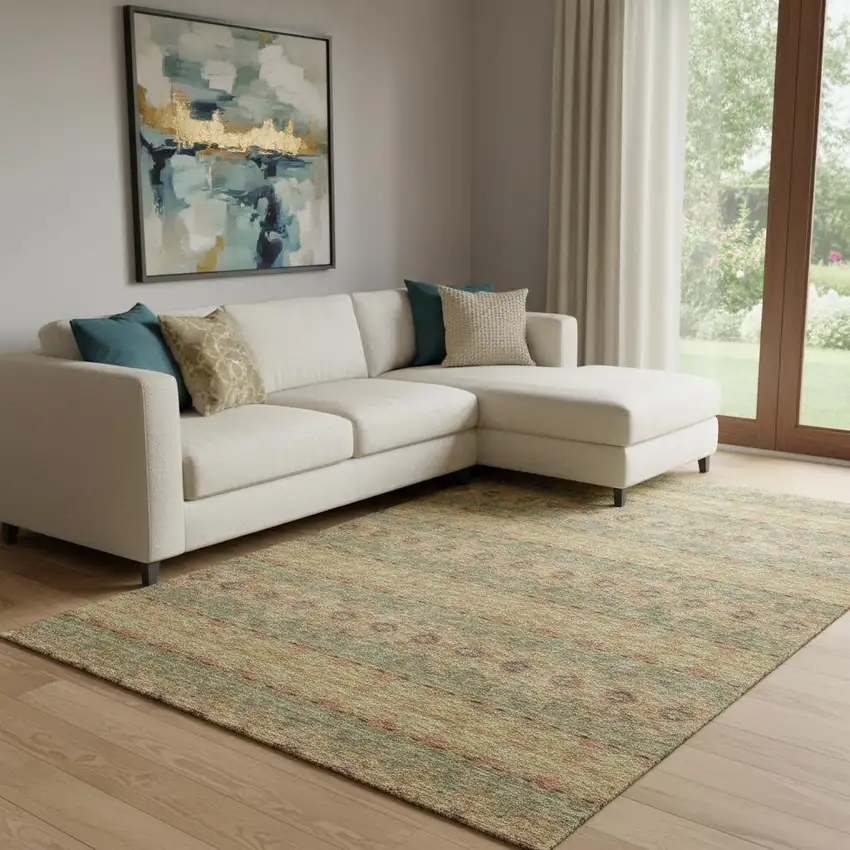 Green And Copper Floral Medallion Washable Area Rug With UV Protection Photo 1